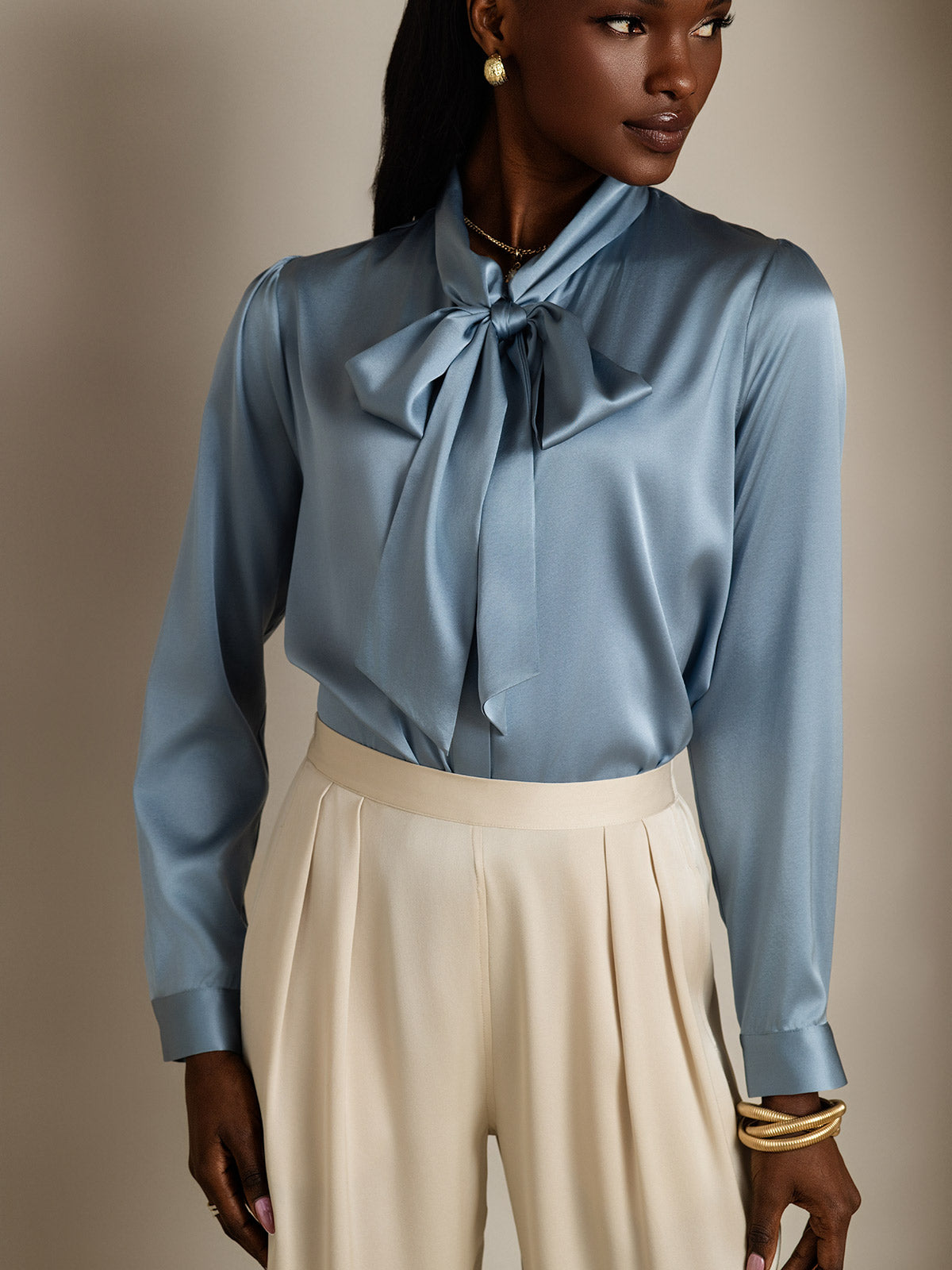 19Momme Silk Long Sleeve Tie Neck Blouse