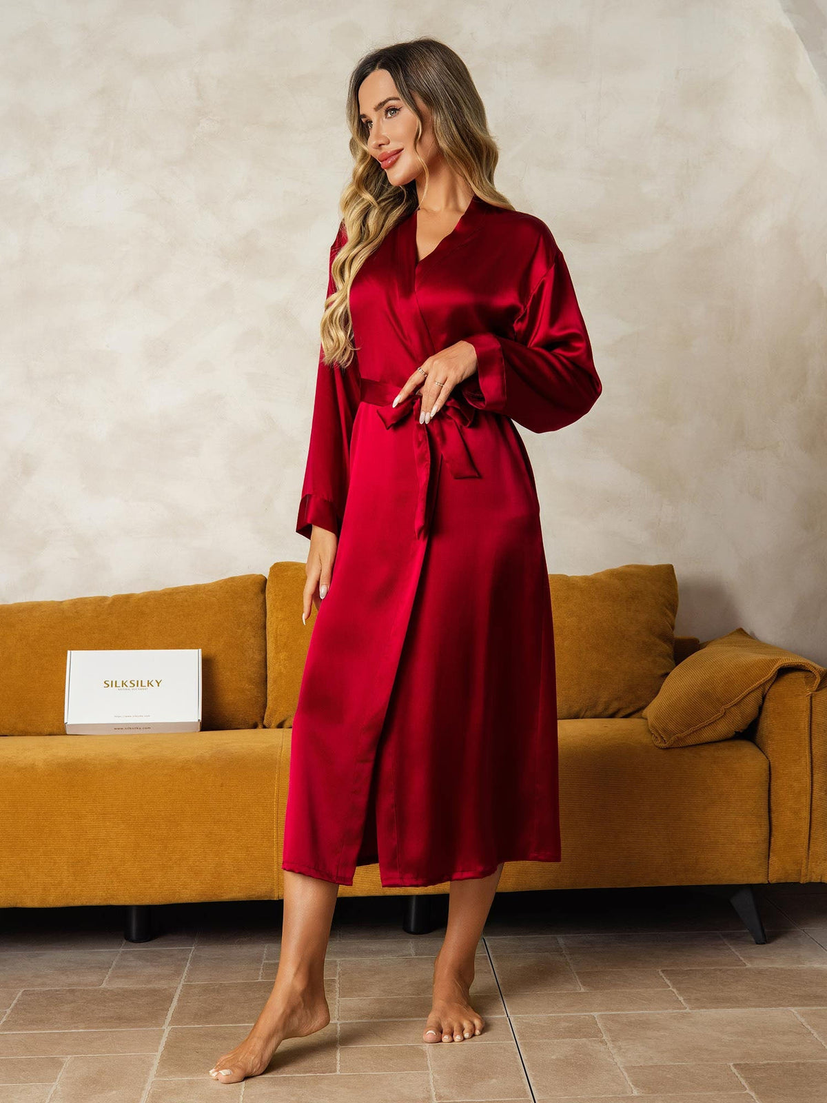 Women's Pure Silk Long Sleeve Midi Dressing Gown