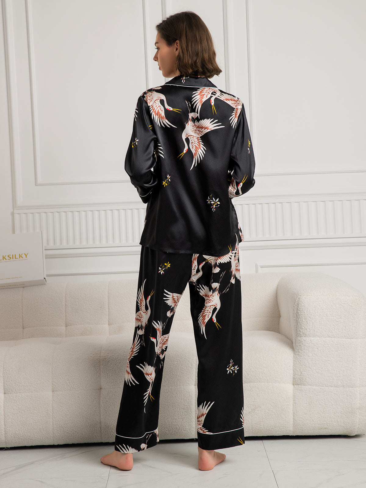 19Momme Pure Silk Crane Print Women's Long Sleeve Notch Collar Pyjamas Set