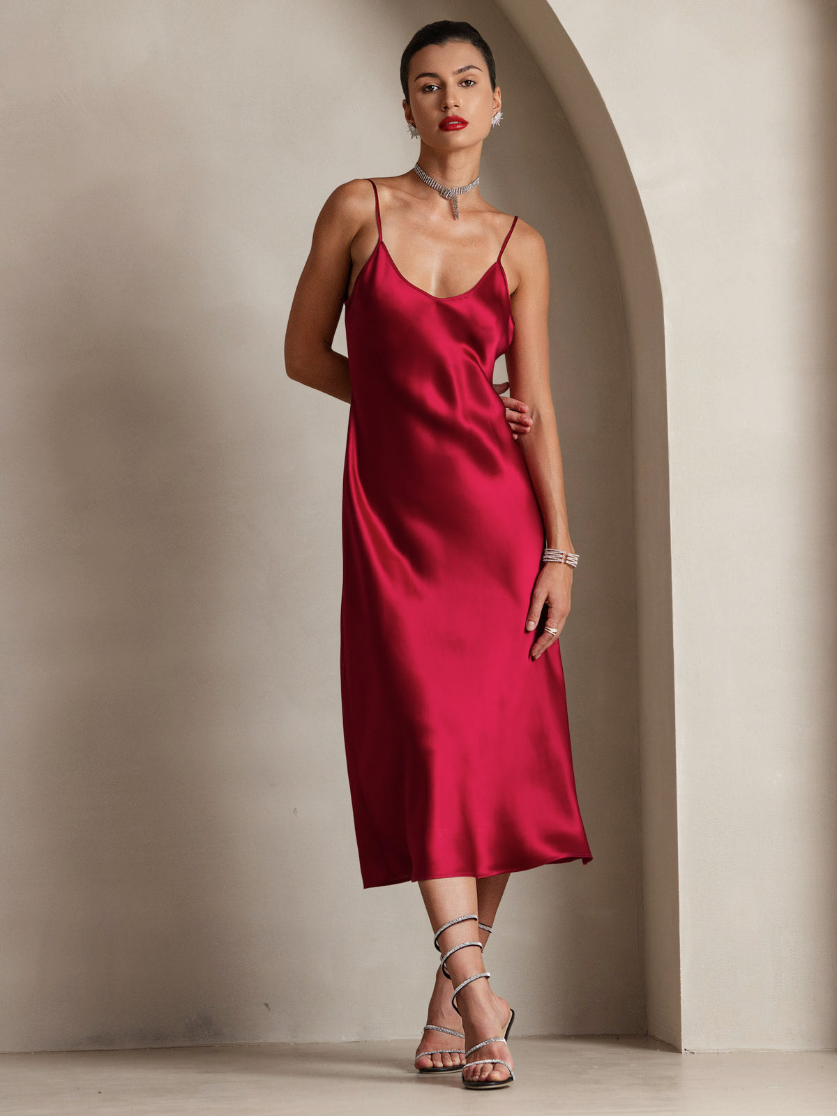 Pure Silk Spaghetti Strap V Neck Midi Dress