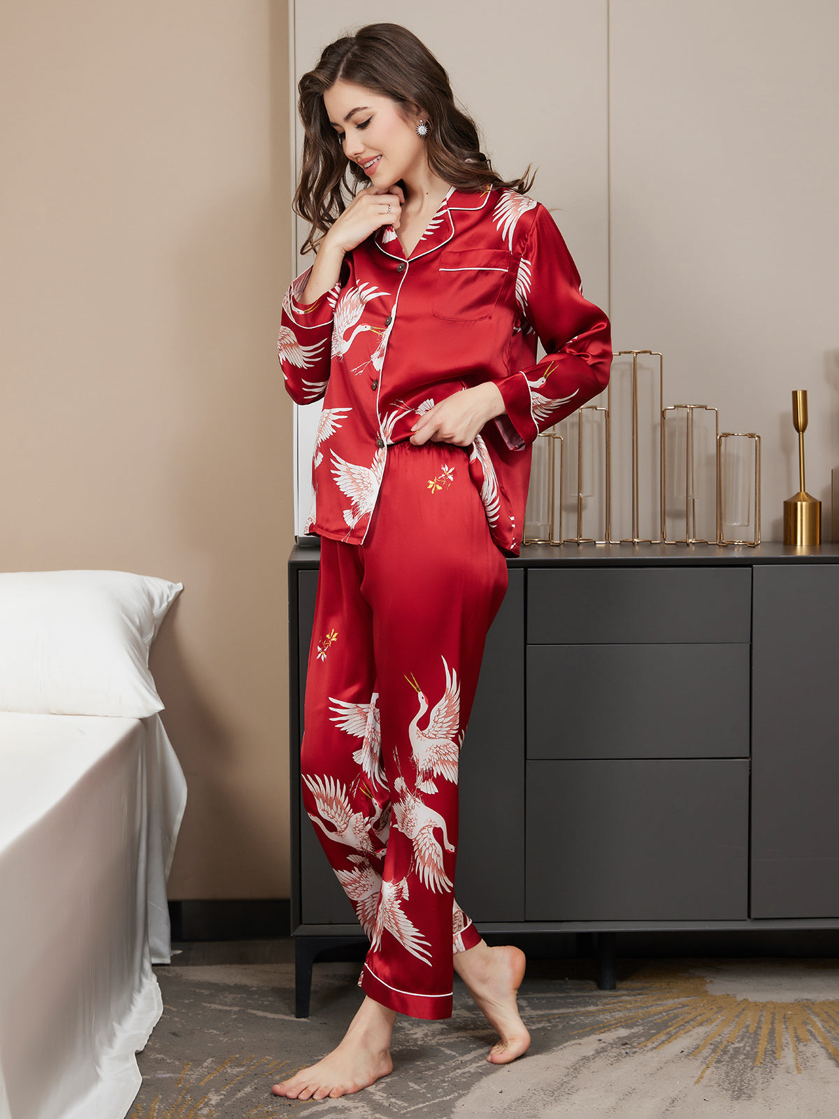 19Momme Women's Pure Silk Crane Print Long Sleeve Notch Collar Pyjamas Set