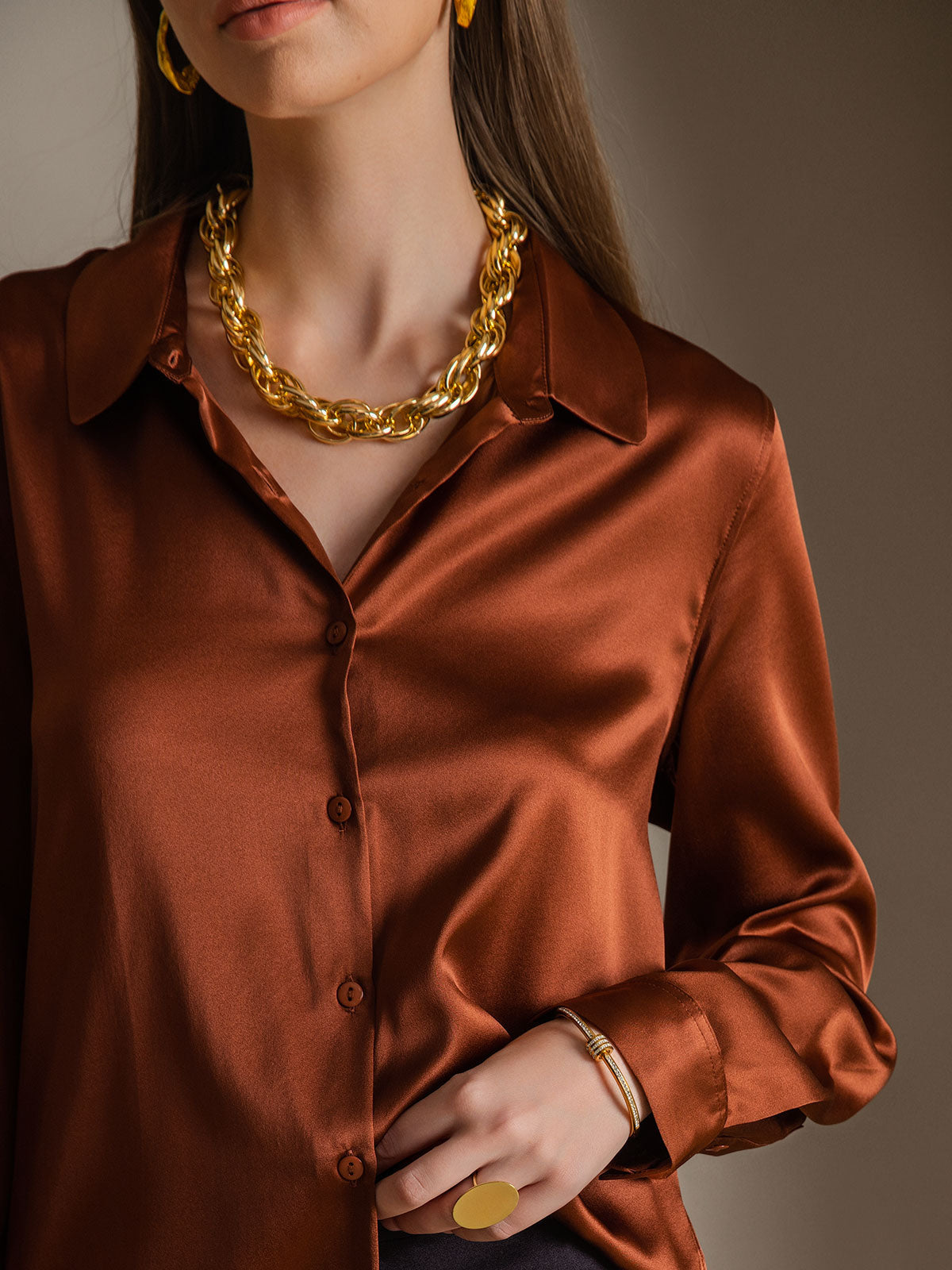 19Momme Silk Long Sleeve Lapel Collar Women's Shirt with Button Up Design