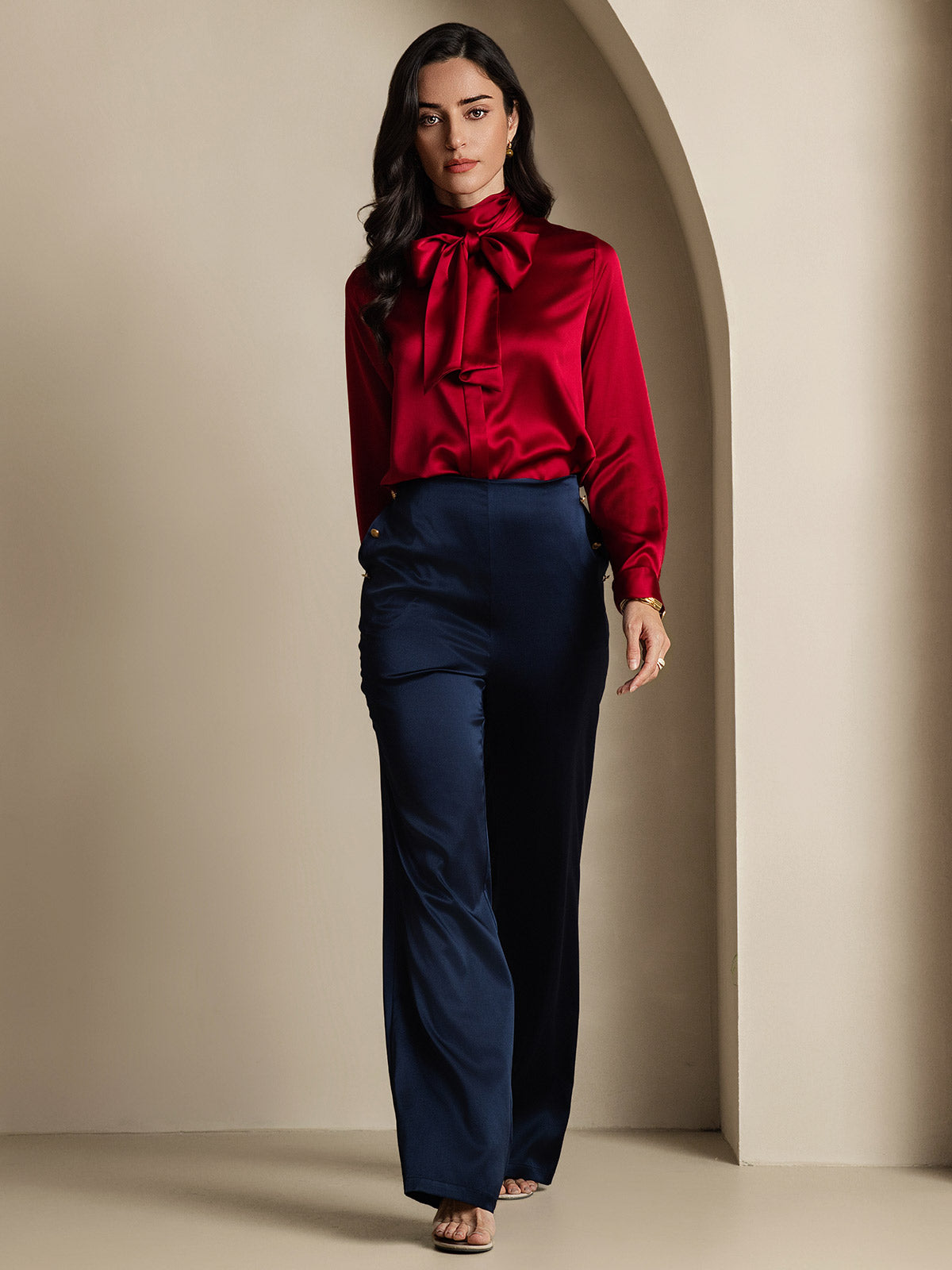 19Momme Silk Long Sleeve High Neck Bow Tie Blouse