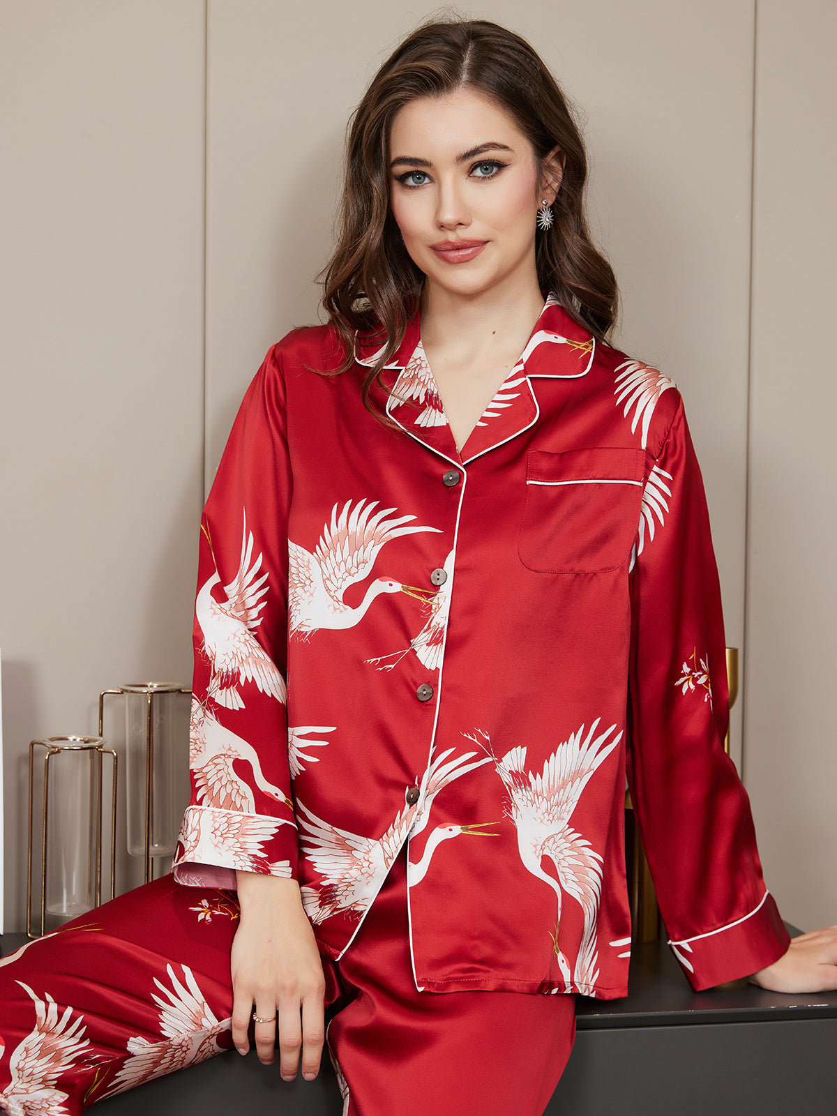 19Momme Women's Pure Silk Crane Print Long Sleeve Notch Collar Pyjamas Set