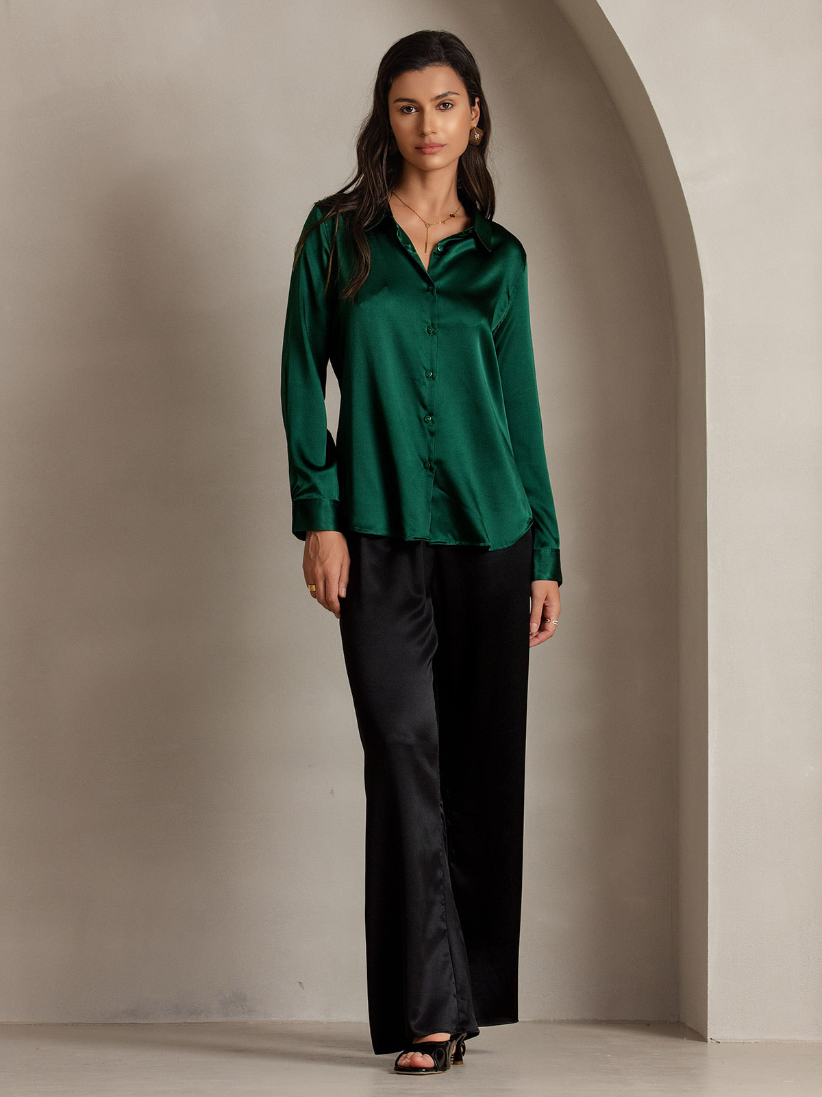 19Momme Silk Long Sleeve Lapel Collar Women's Shirt with Button Up Design