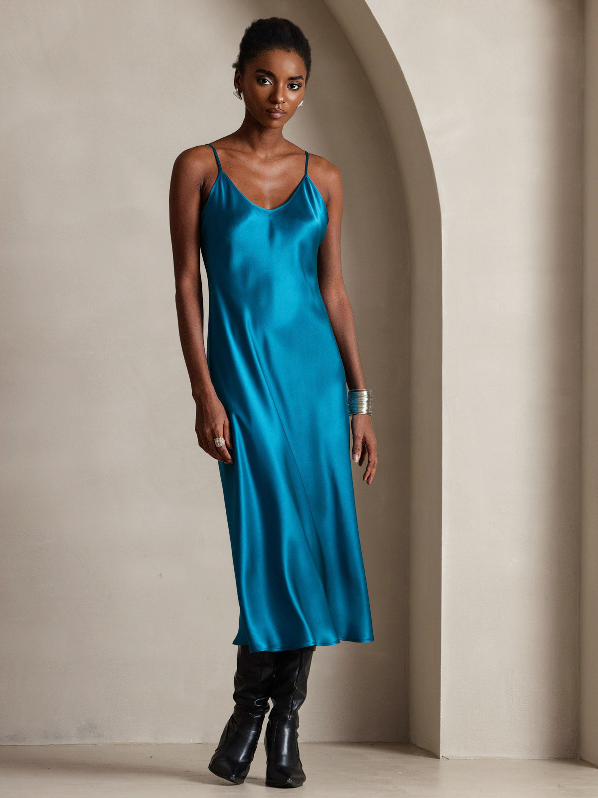 Pure Silk Spaghetti Strap V Neck Midi Dress