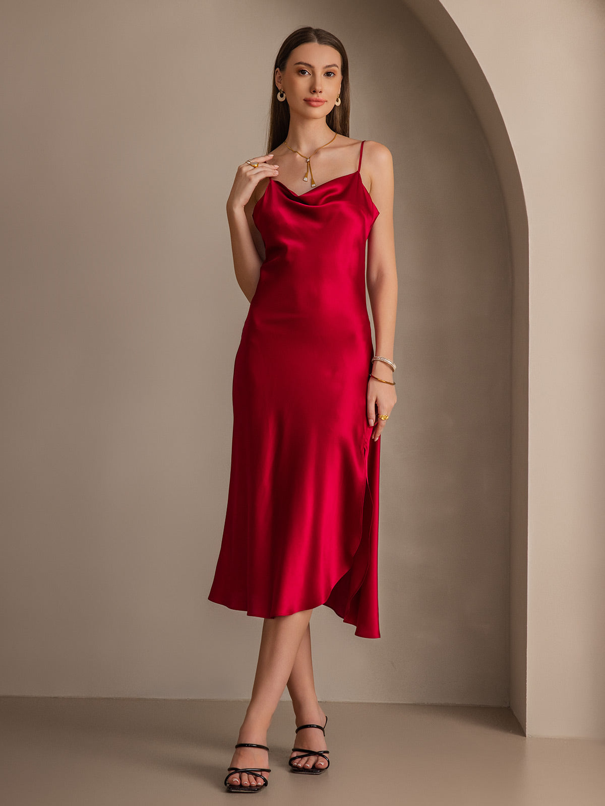 Pure Silk Spaghetti Strap Cowl Neck Bias Midi Dress with Split Design