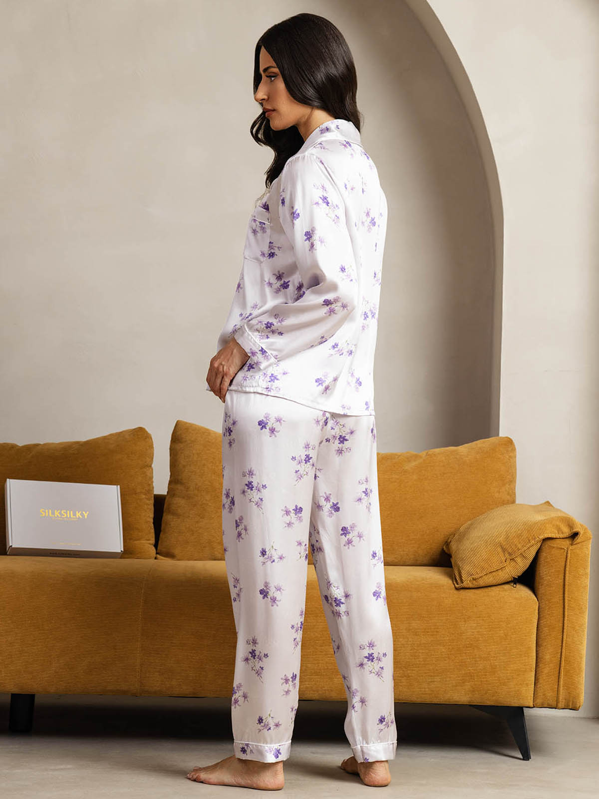 Pure Silk Lilac Bloom Print Long Sleeve Notch Collar Women's Pajamas Set