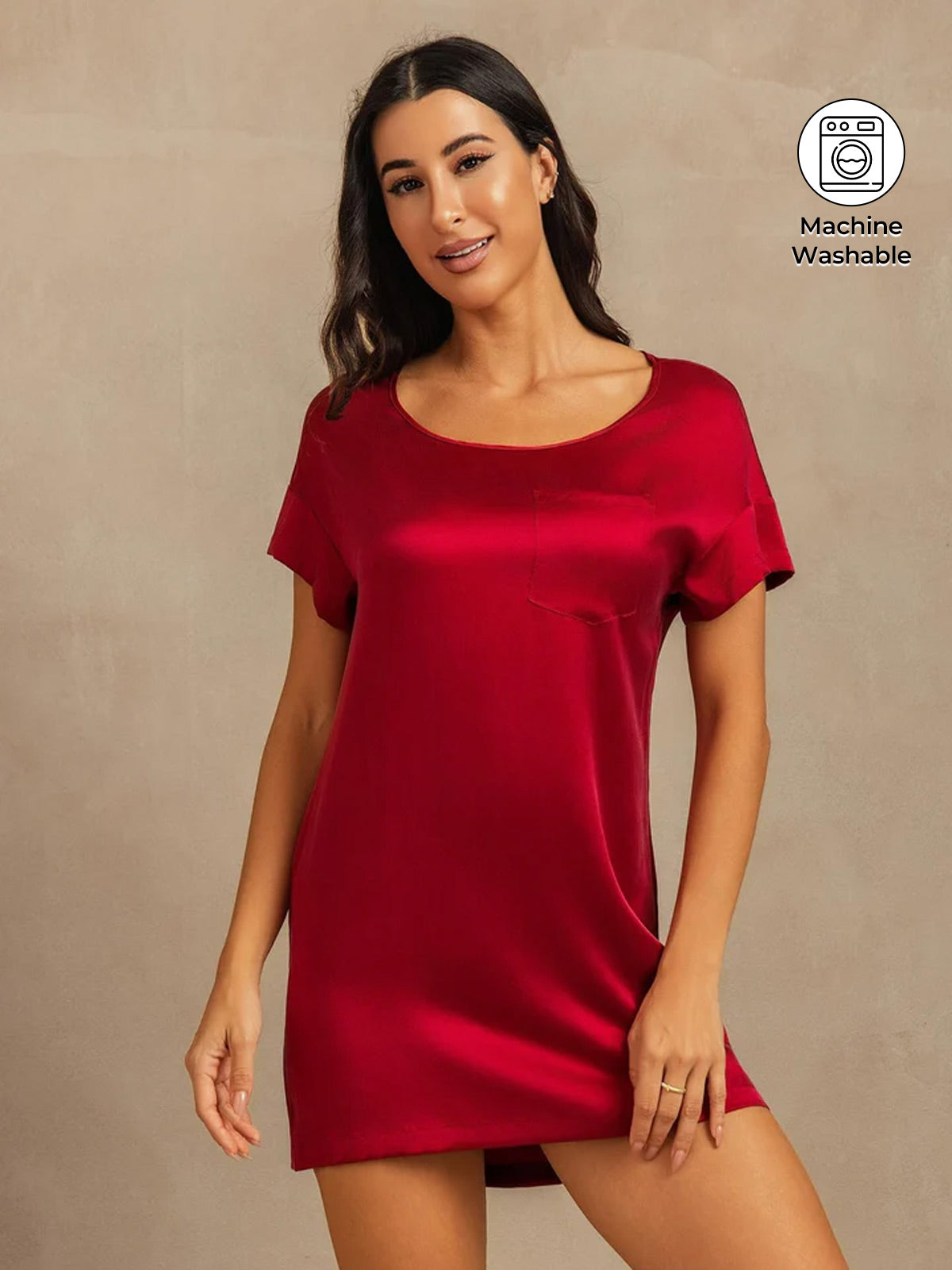 19Momme Washable Silk Short Sleeve Round Neck Short Nightdress